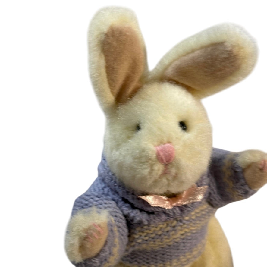 Russ Berrie, 8" Jointed 'Happy Heart Bunnies' Posable Bunny, Lavender Knit Sweater, Pink Bow EUC