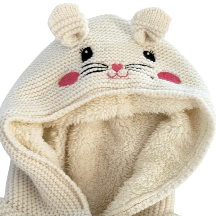 Waikiki Button Front Ecru Knit Vest with Fleece Lining & Sweet Embroidered Kitten Face 9-12 m