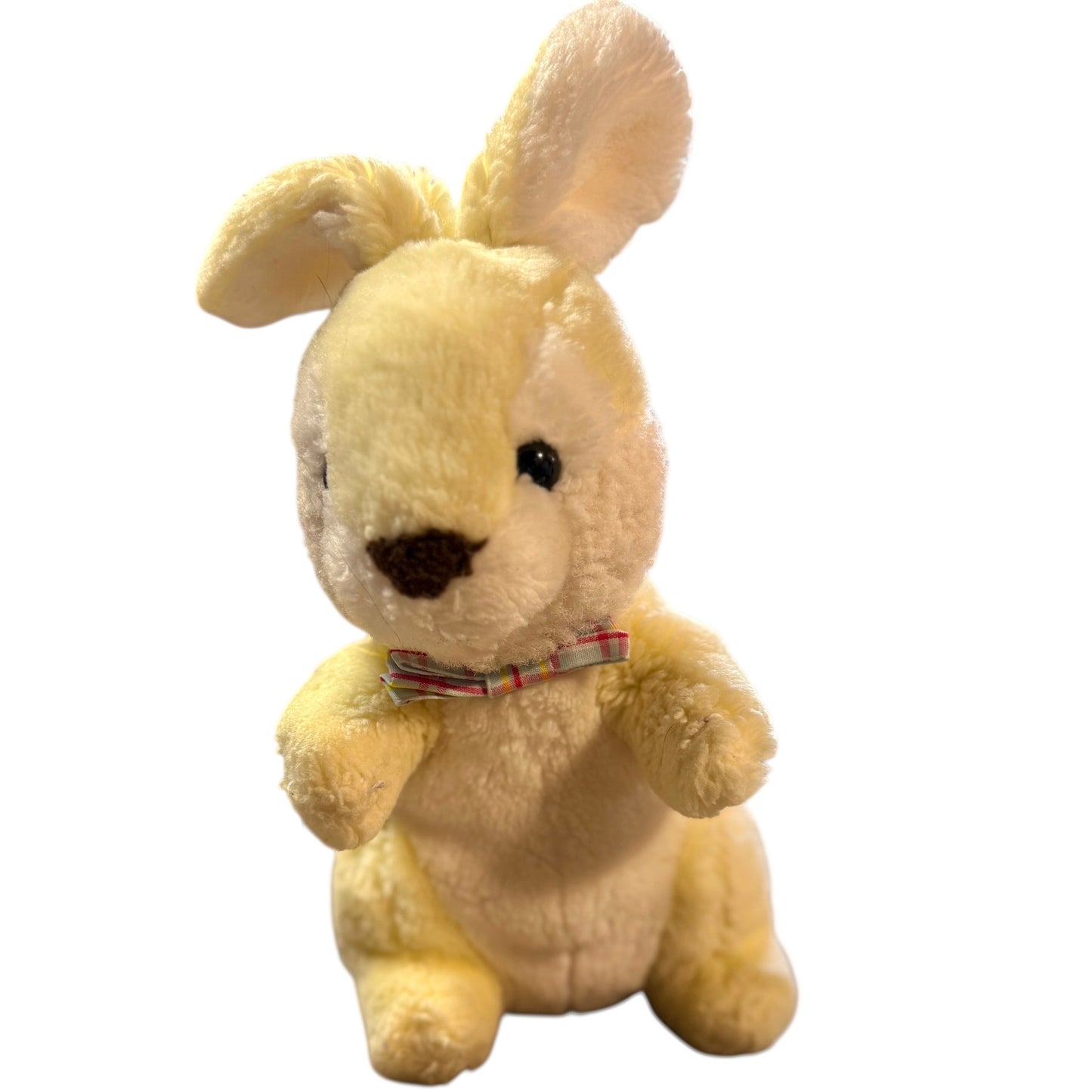 Vintage Yellow & White Standing Rabbit Stuffed Animal Plush, Upright Ears, Plaid Bowtie GVC