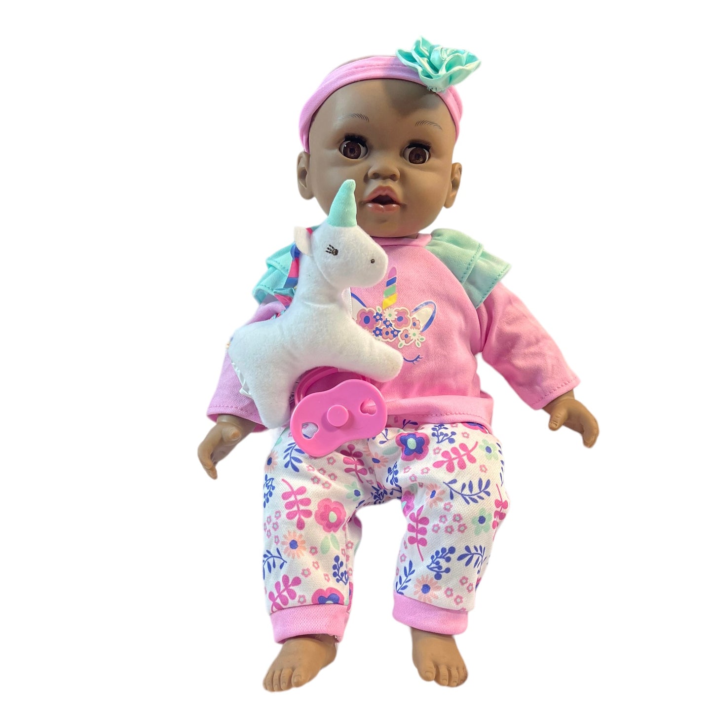 Sweet Baby Doll African American Doll in Aqua & Pink Complete with Stuffed Toy and Pacifier