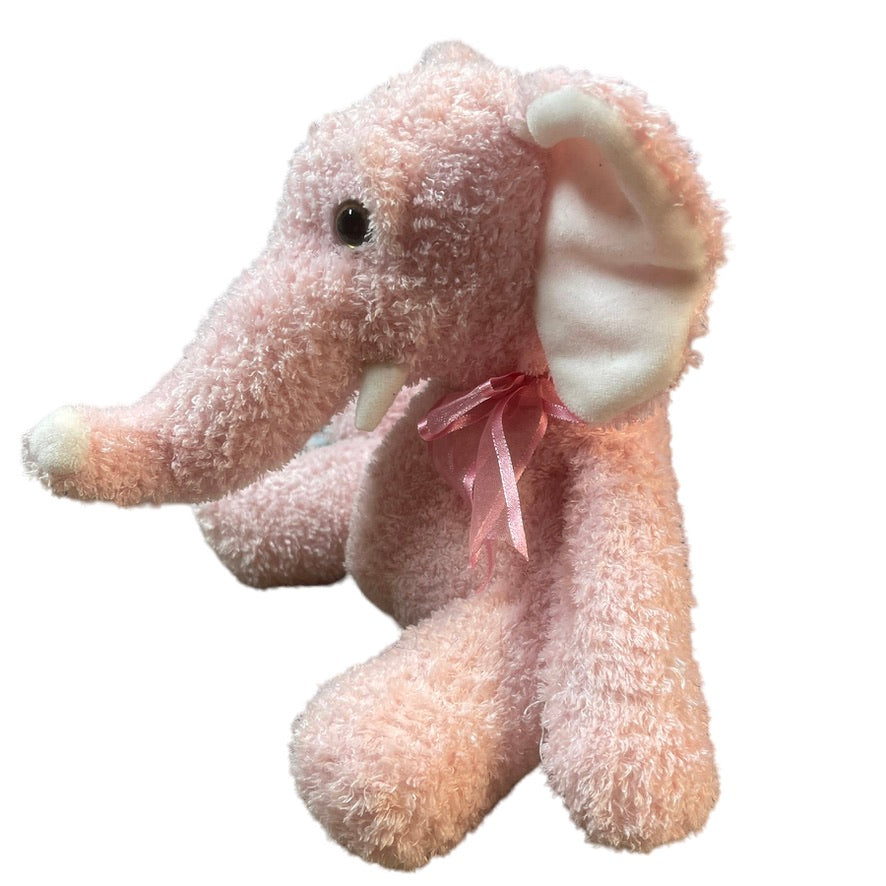 Pink Terry Cloth  9" Stuffed Elephant Elephant, Pretty Gauze Bow & Creamy White Ears & Tusks