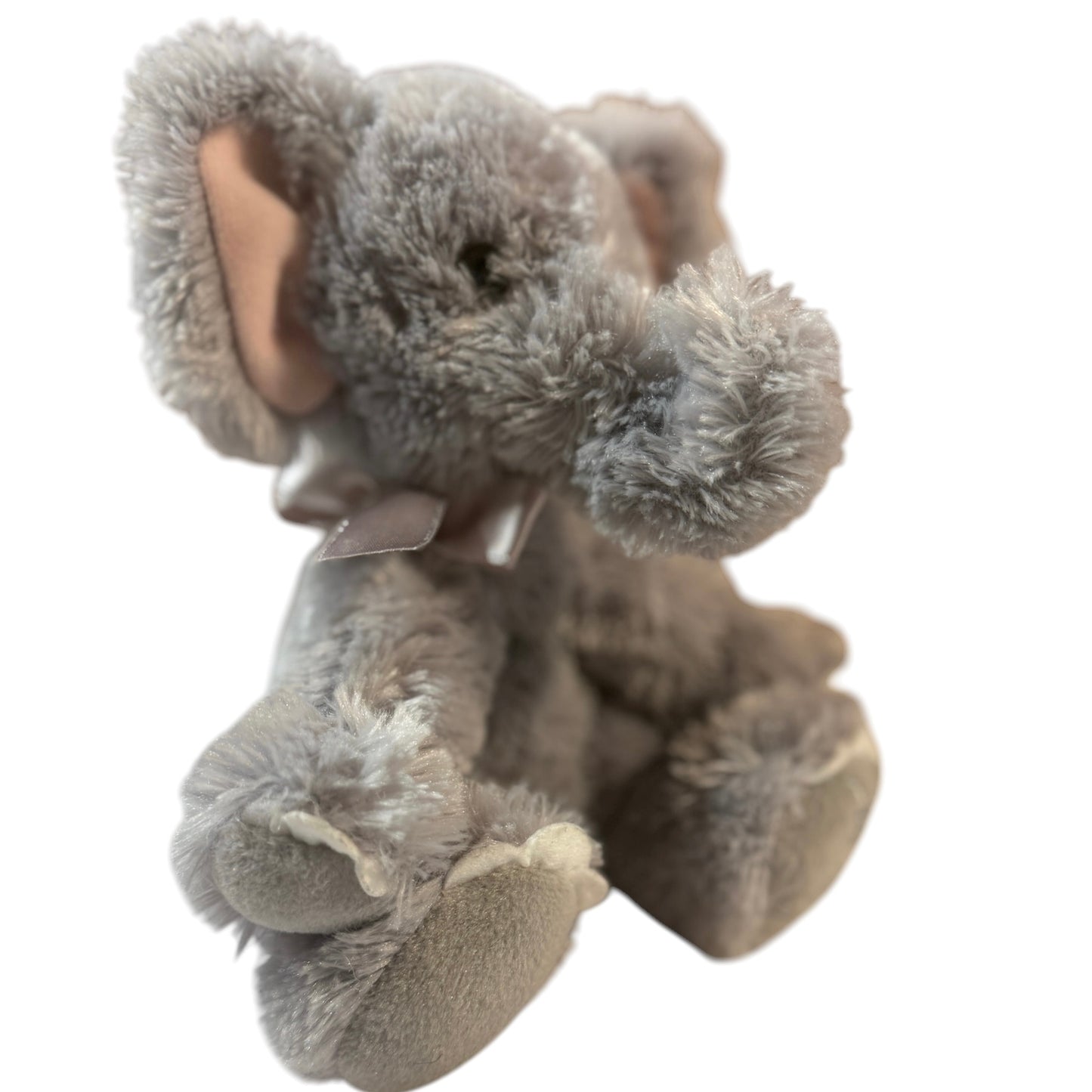 Russ-Berrie Shining Stars 8" Fluffy Grey Elephant, Pink Ears, Silver Satin Ribbon, Adorable!