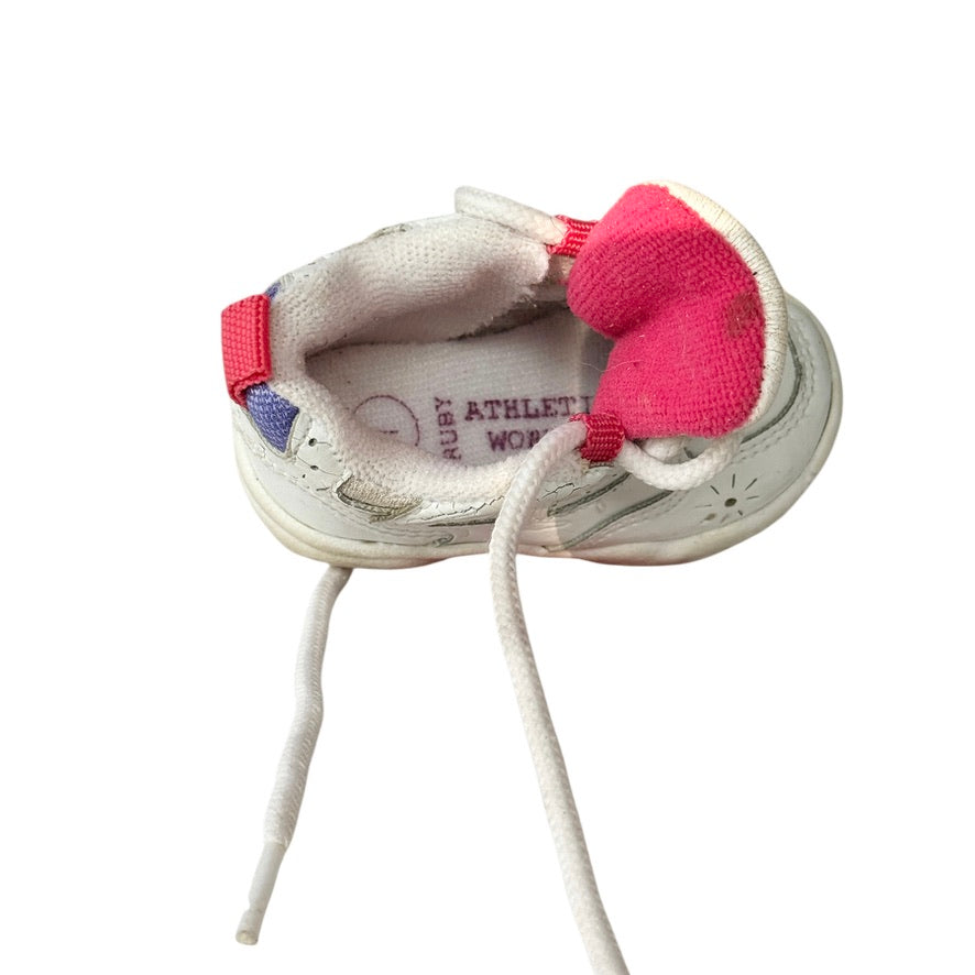 Ruby Athletic Works White Preowned Infant Trainers, Size 1 Tie Ups with Pink & Purple Accents