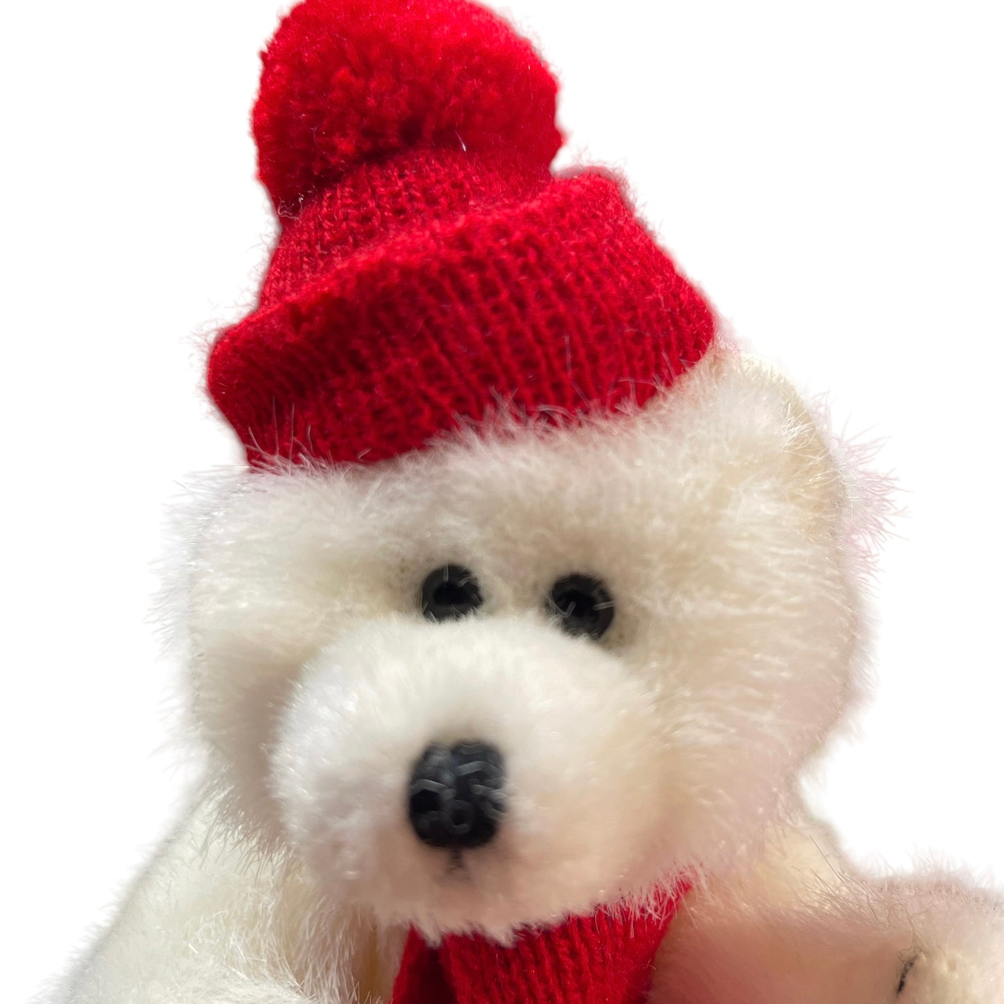 Ty Peppermint Bear, 1993 White Plush Polar Bear, Red Knit PomPom Hat & Long Red Scarf, Retired