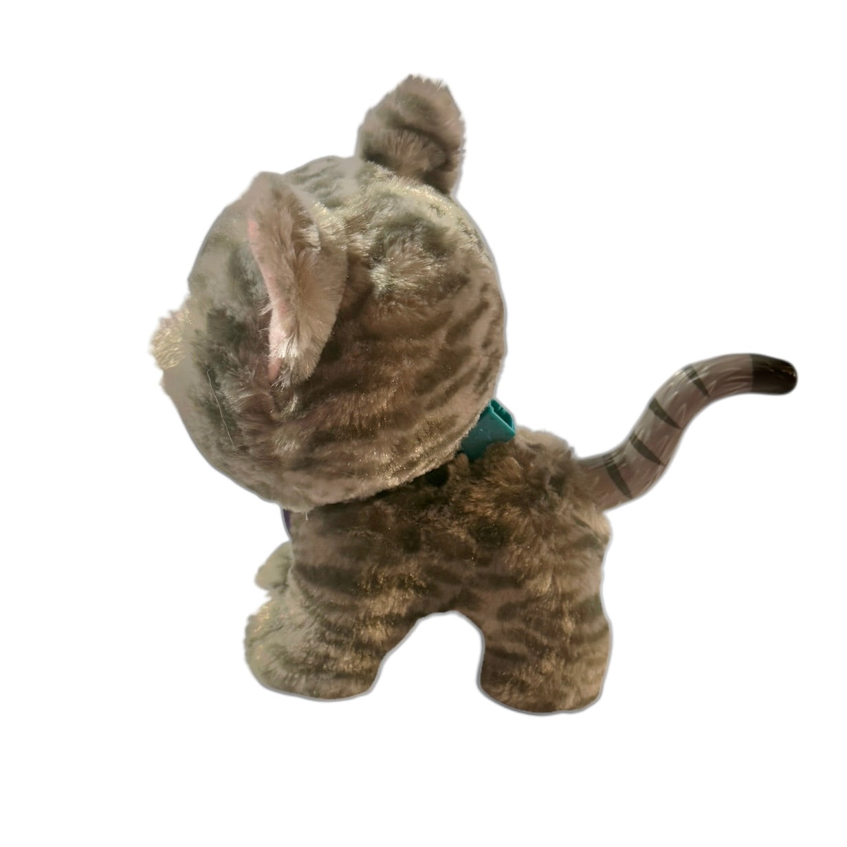 Fur Real Walks-a-Lot Kitten, Grey Stripe, Purple Collar & HUGE Green Eyes. Preowned, Works Great!