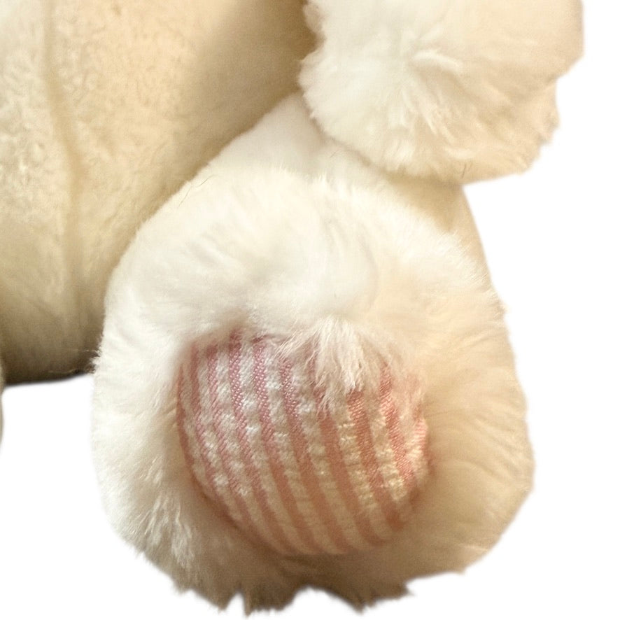 Vintage White Plush Seated Teddy Bear Rattle, Pink Seersucker Ears, Bow Tie & Feet in GVC