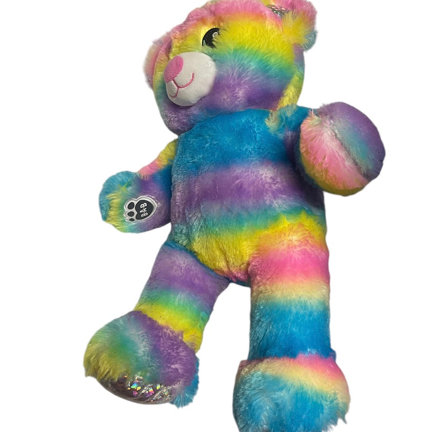 Build-a-Bear Rainbow Sparkle 16" Teddy Bear, Embroidered Blue Eyes & Sparkly Silver Pads So Pretty! EUC