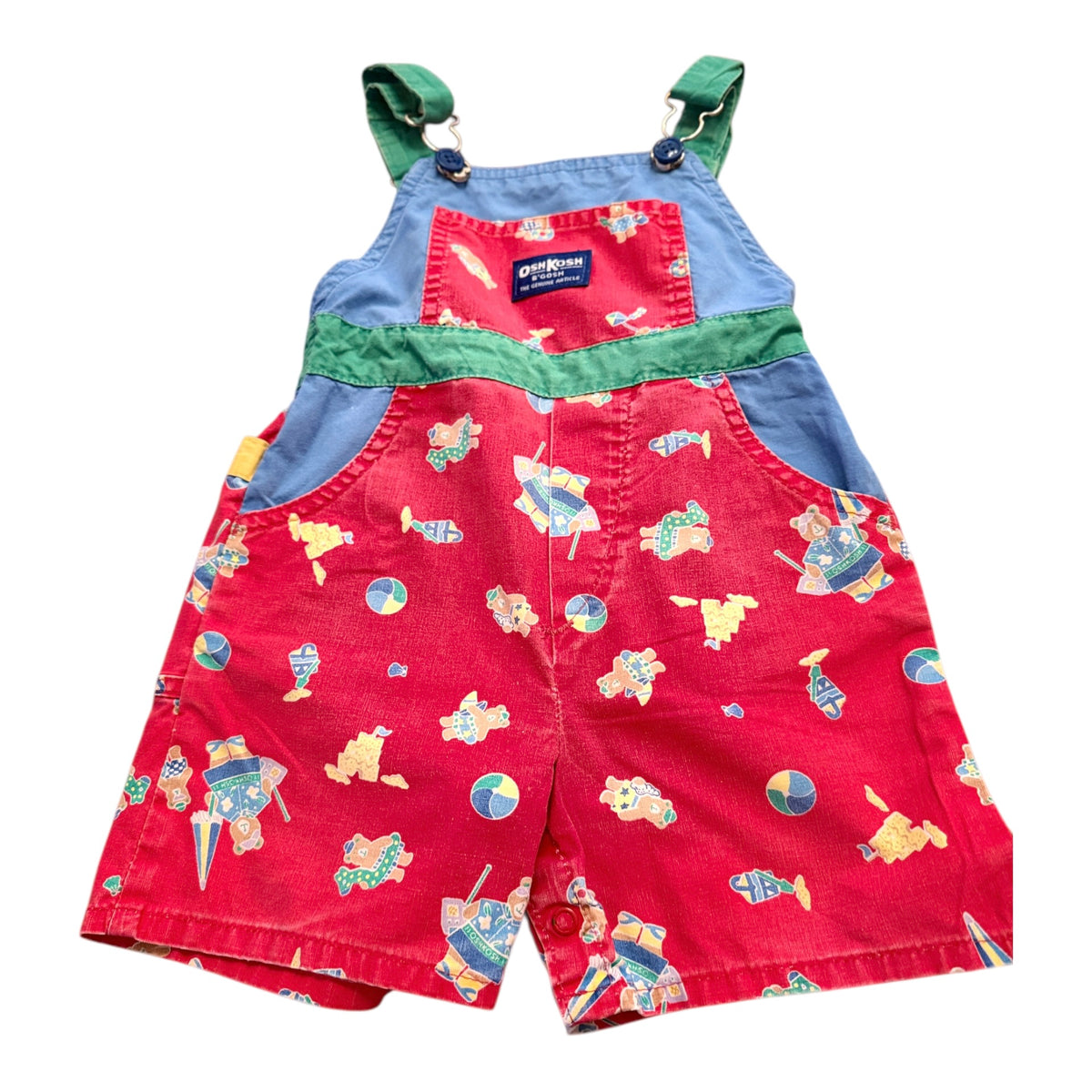 Vintage OshKosh B'gosh Colourblock Shortall Overalls, Bear Toy Print & Blue/Green Accents