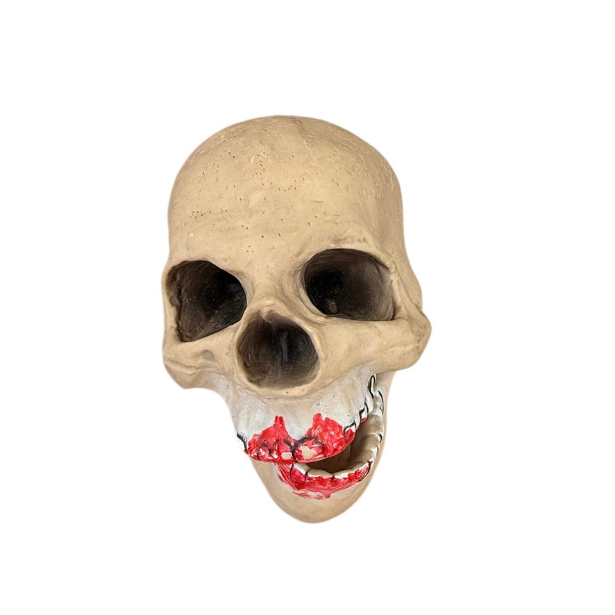 Creepy Skull Halloween Decor with Moveable Jaw and Red Smears on its Black Rimmed Teeth