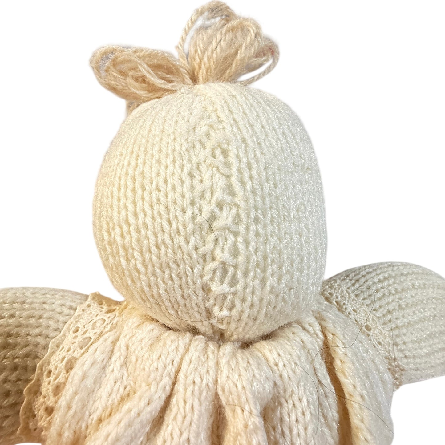 Exquisite Hand Knit Baby Doll in a Dainty Dress with Crocheted Lace, Ribbon & Embroidered Flowers