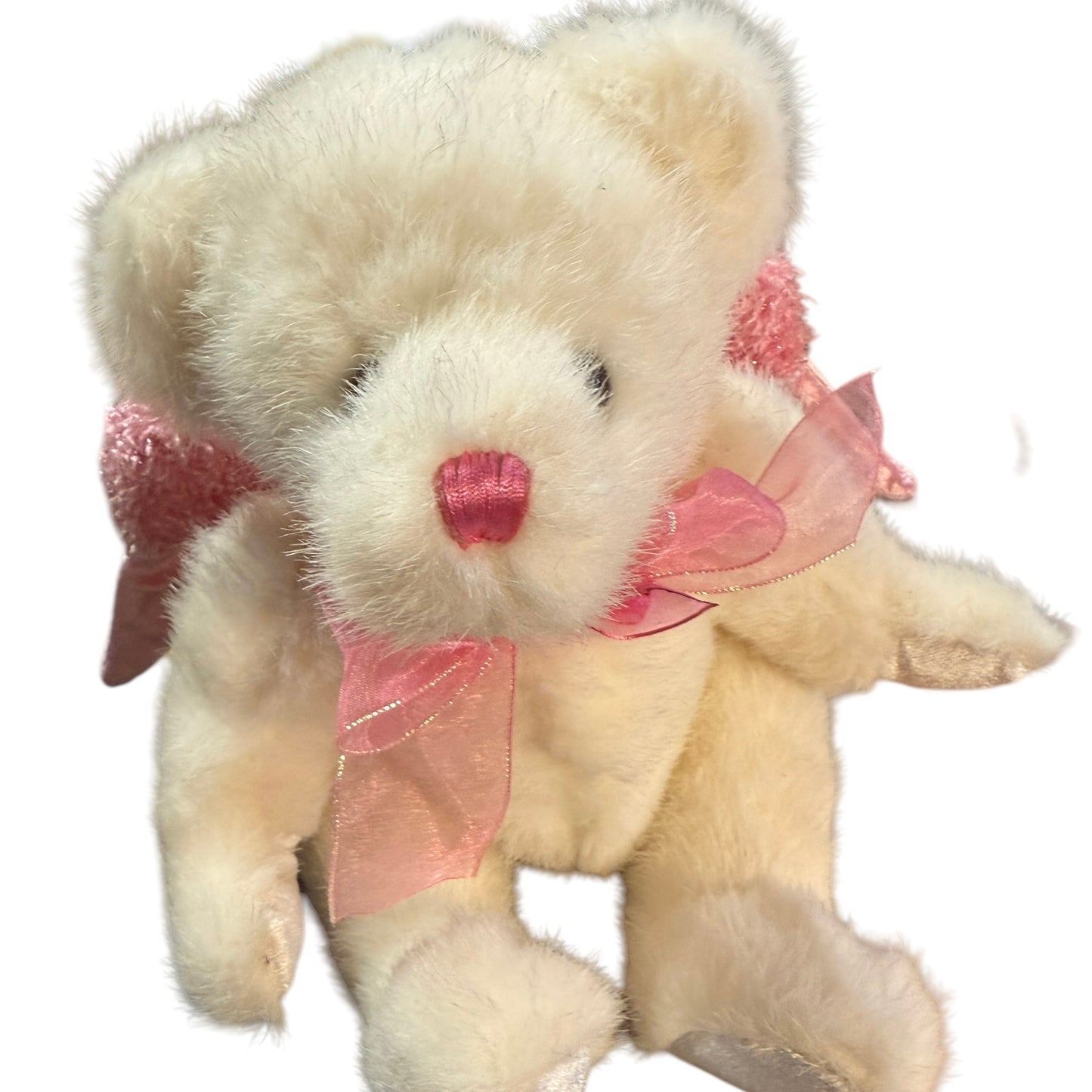 Dandee Angel Bear Plush, While & Pink with Sparkly Pink Wings and Satin Accents- Sweet!