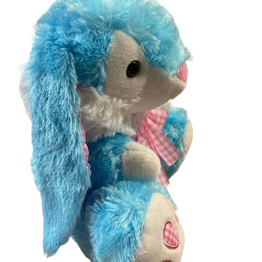 Irresistible 15" Lop Eared Blue/White Bunny with Pink Gingham Bow & Foot Pads EUC No Tag