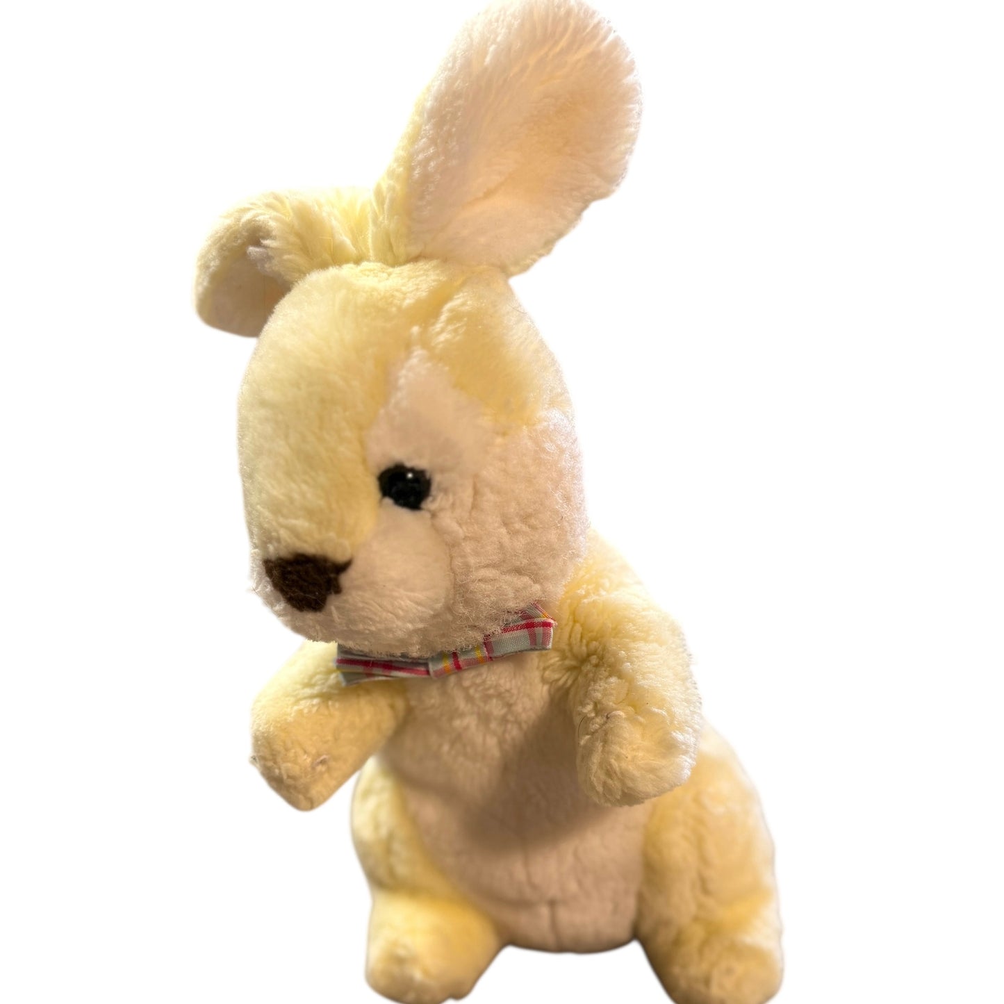 Vintage Yellow & White Standing Rabbit Stuffed Animal Plush, Upright Ears, Plaid Bowtie GVC