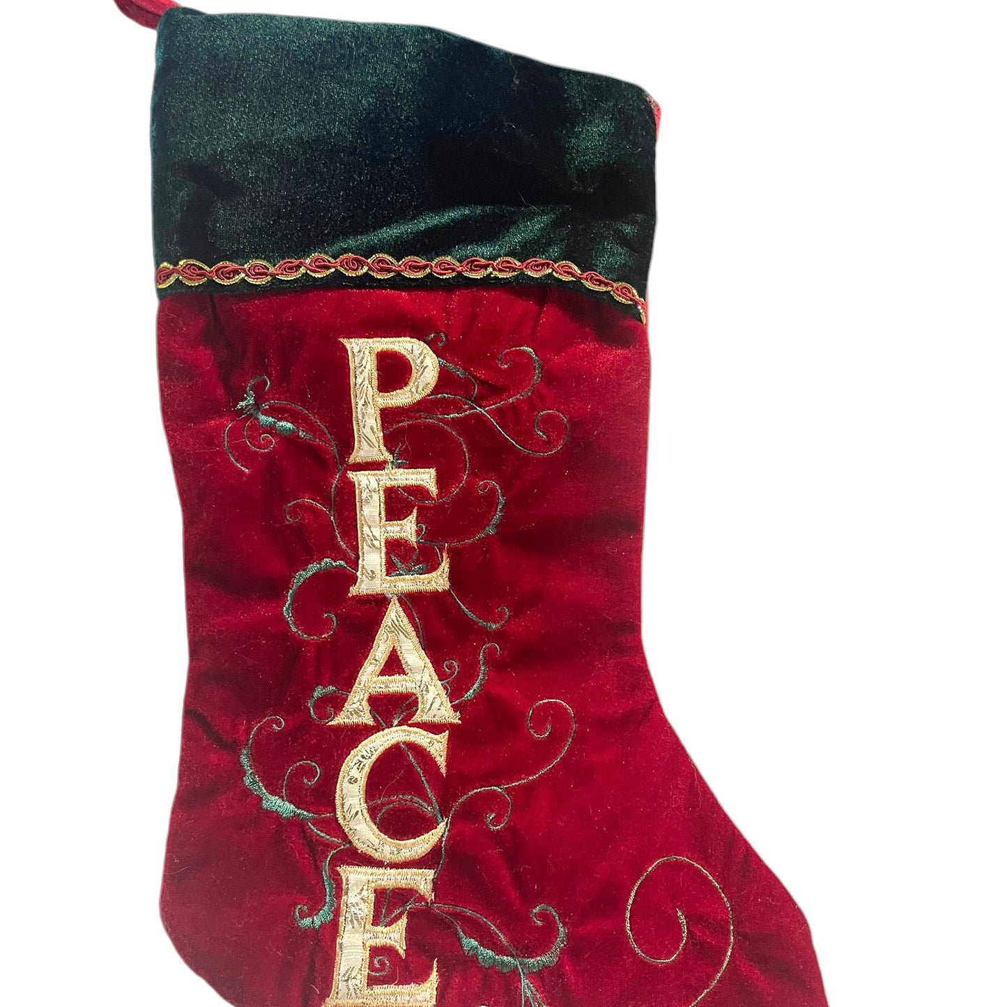 Lovely PEACE Christmas Stocking in Deep Red & Green Velvet Delicately Embroidered in EUC