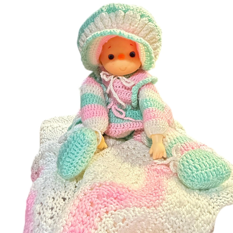 Hand Crocheted Vintage, 'Ice Cream Baby' 27" in Pastel Pink & Green, Blue Eyes, Pink Hair!