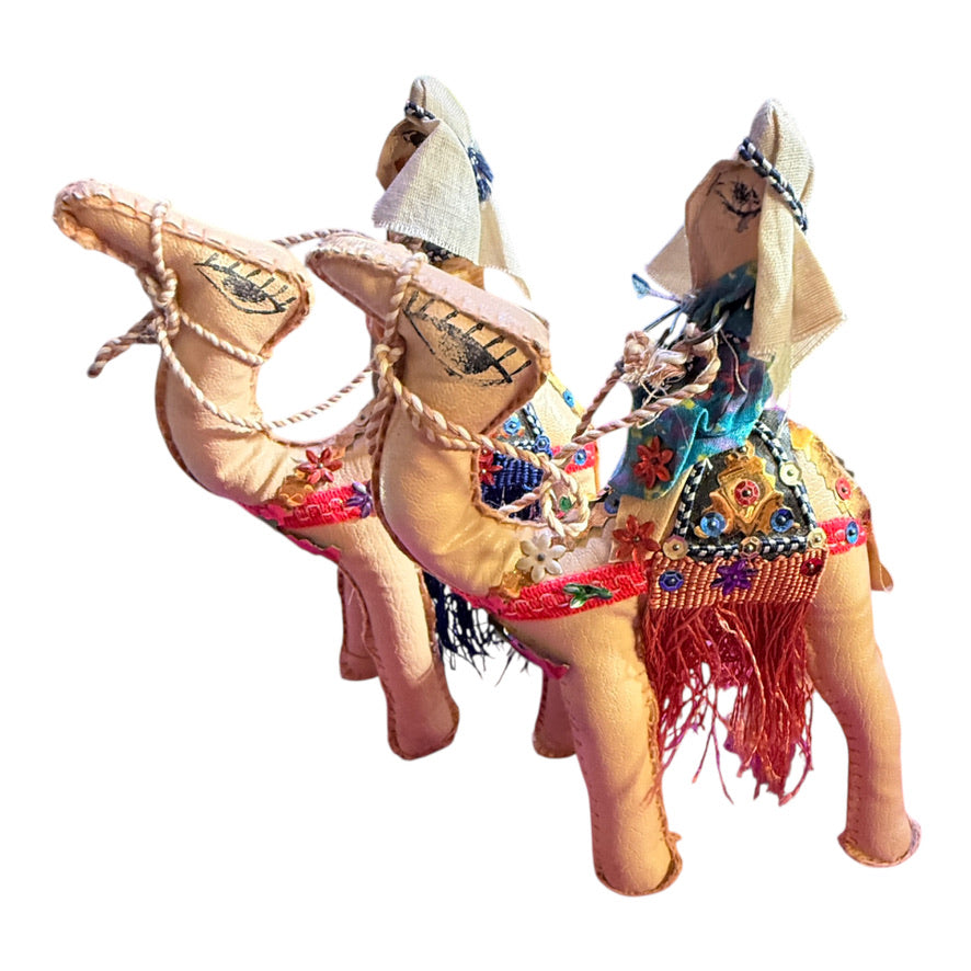 Vintage Leather Wrapped Camels & Riders Finely Detailed with Coloured Sequins and a Deep Fringe, Preowned GUC
