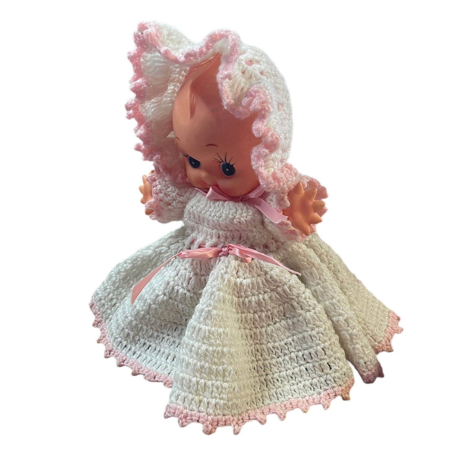 Vintage Kewpie Doll, Dainty Hand Crocheted White Sparkly Dress, Bottoms & Hat, White Shoes EUC