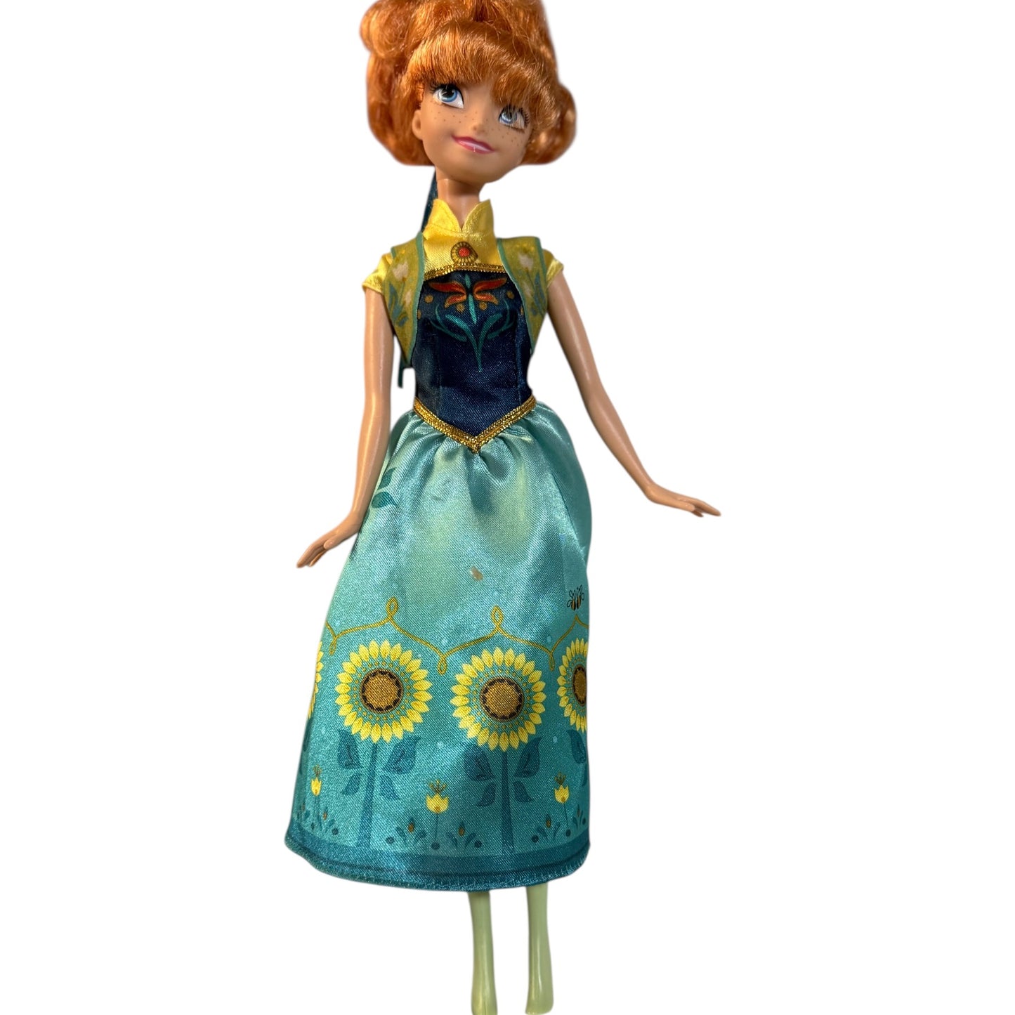 Disney Frozen Fever Anna Doll in Pretty Spring Dress with Flowers, Coordinating Hair Ribbon