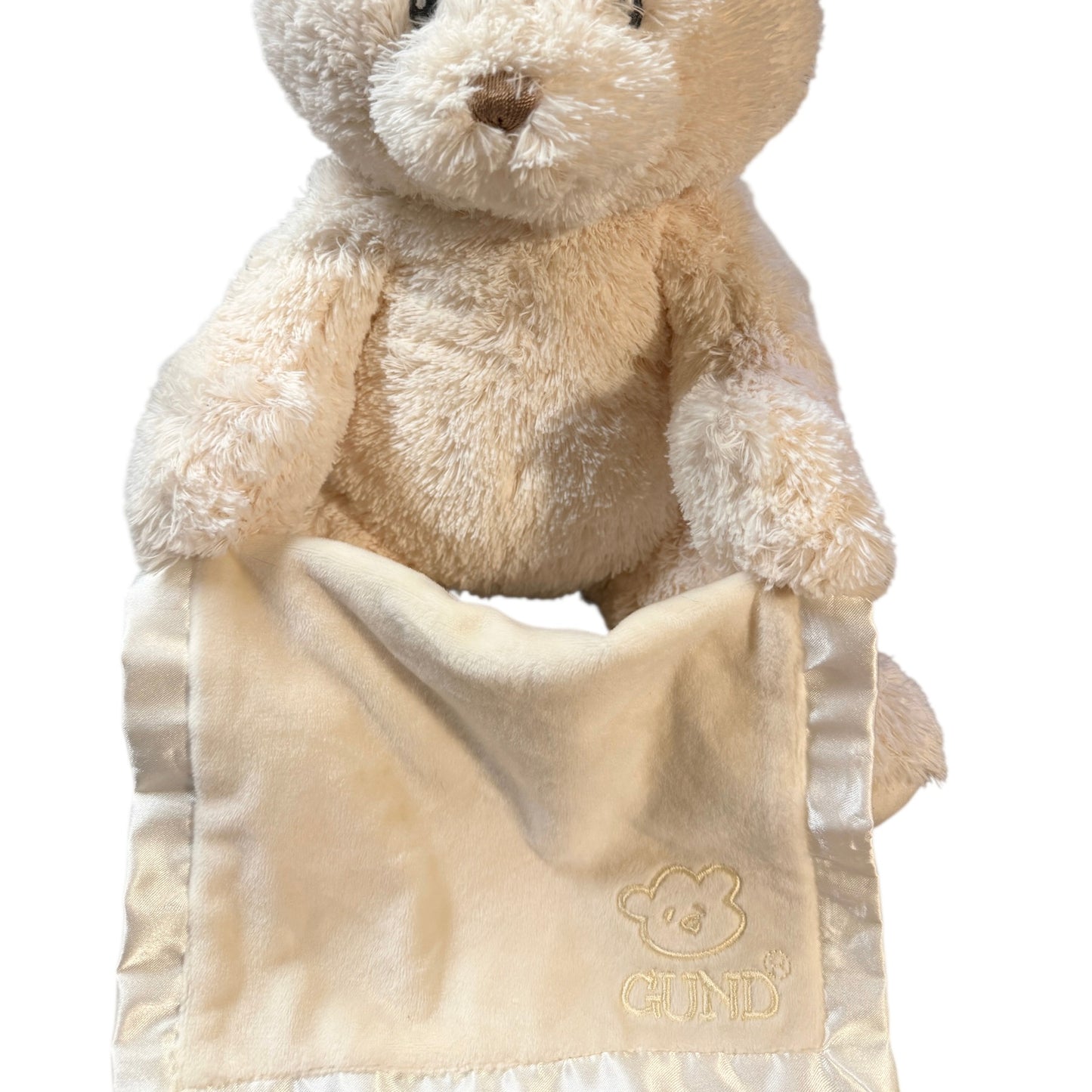 Gund Cream Animated Peek-a-Boo Teddy Bear with Satin Trimmed Blanket in EUC