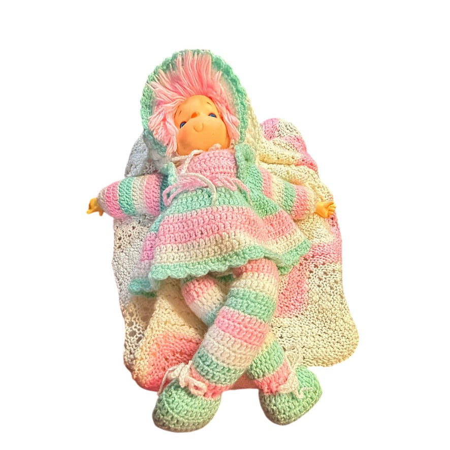Hand Crocheted Vintage, 'Ice Cream Baby' 27" in Pastel Pink & Green, Blue Eyes, Pink Hair!