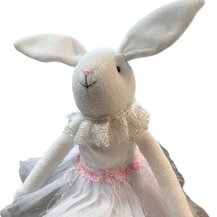 Lovely 24" Shelf Seater White Rabbit with Lacy Collar, Pretty TuTu & Long Legs