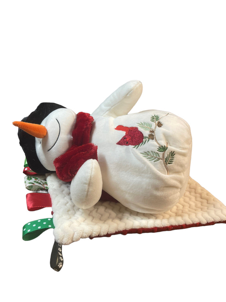 Beautiful Weighted Snowman Plush with Embroidered Cardinal & Minky Tug Lovey