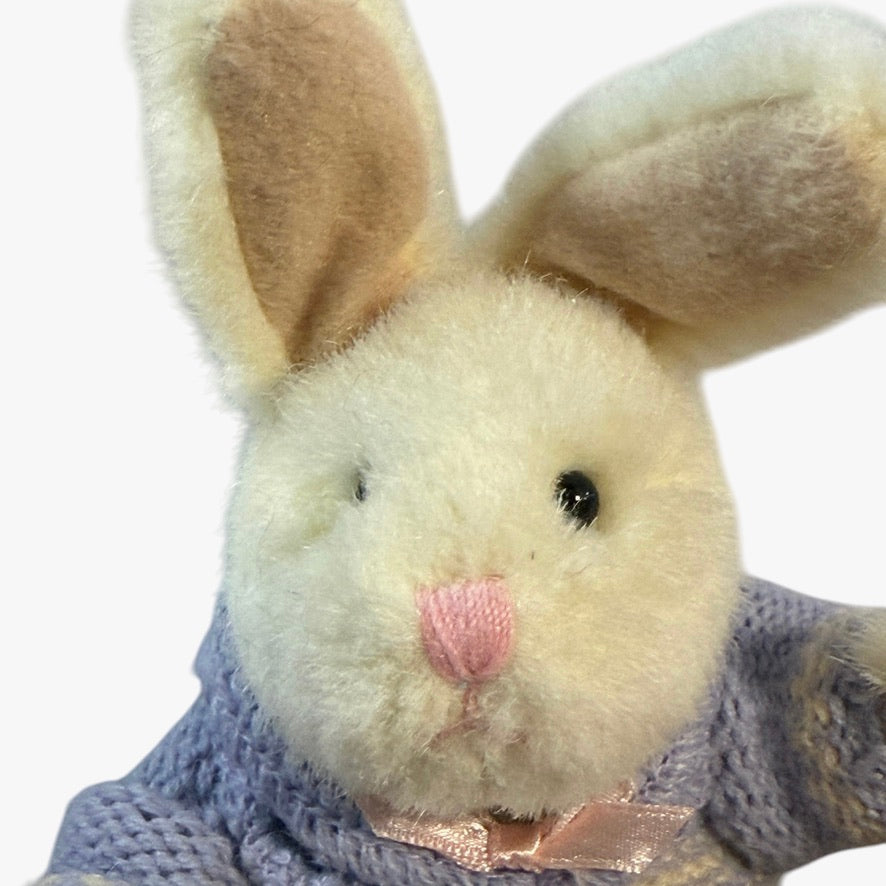 Russ Berrie, 8" Jointed 'Happy Heart Bunnies' Posable Bunny, Lavender Knit Sweater, Pink Bow EUC