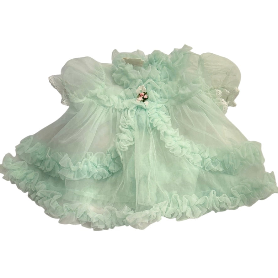Canadian Made Vintage Sheer Mint Baby Dress with Cascading Ruffles & Rose Applique