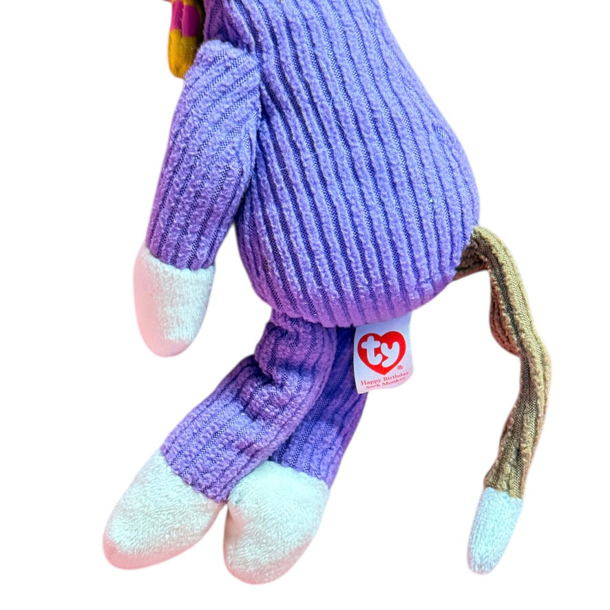 Retired Ty 'Happy Birthday' Sock Monkey, 11", Corduroy Body, Button Eyes, Party Hat & Tie!