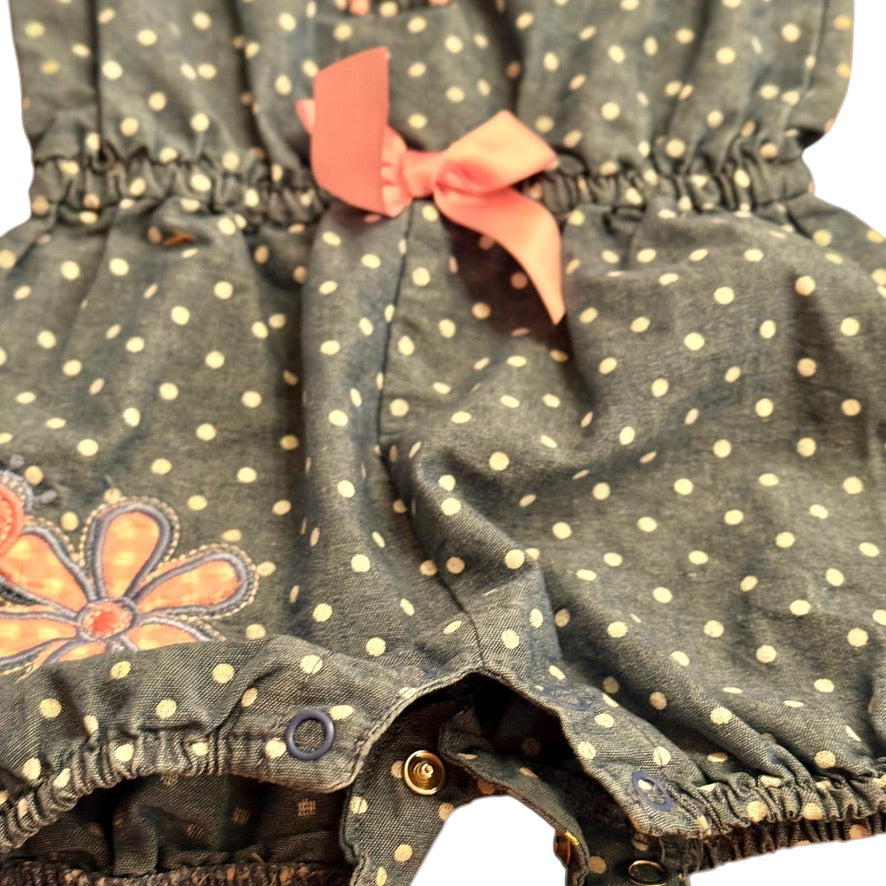 Duck Duck Goose Denim Blue Romper with Pink Polka Dots, Satin Bow and a Pretty Applique