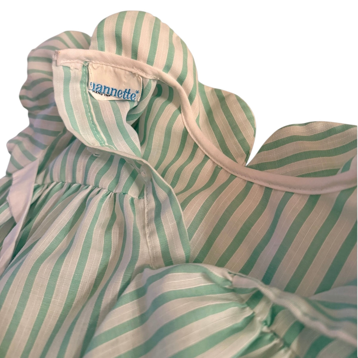 Vintage 'Nanette' Mint Striped Pinafore Dress, Dainty Floral Embroidery with Butterfly Applique