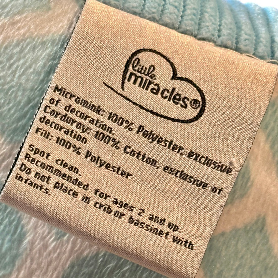 Costco Little Miracles Soft Turquoise & White Patterned Cotton & Corduroy Whale Pillow HTF