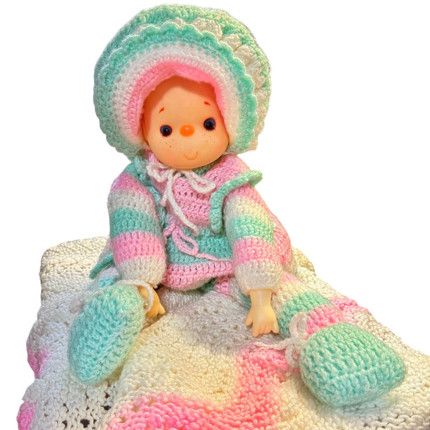 Hand Crocheted Vintage, 'Ice Cream Baby' 27" in Pastel Pink & Green, Blue Eyes, Pink Hair!