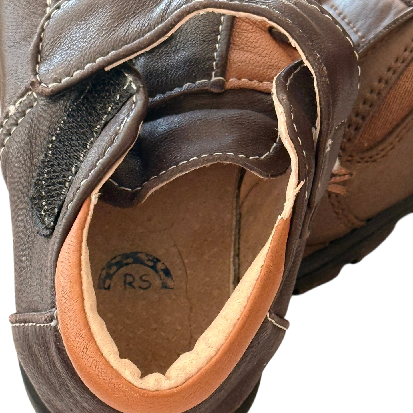Leather Size 7 Shoes, Cognac & Chocolate Brown with Decorative Stitching Hook & Loop Closure