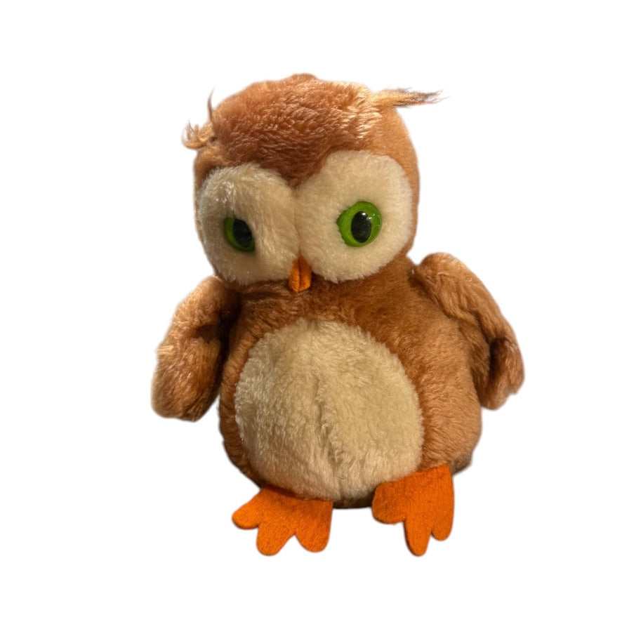 Dakin Vintage Plush, Obie the Owl, 1975 7" Nutshell Stuffed Toy, Beautiful Green Glass Eyes!