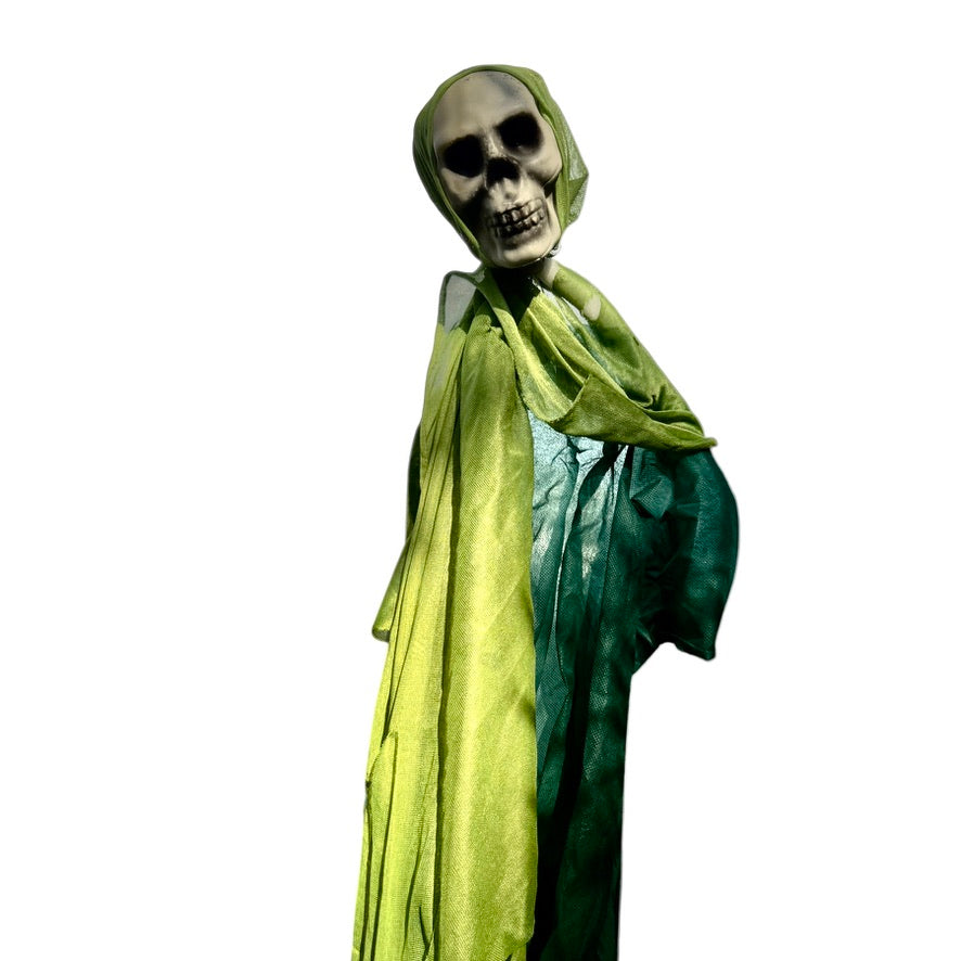 Floating Ghoul, Skeletal Hands & Bony Bleached Skull in Tattered Green Shroud, Preowned