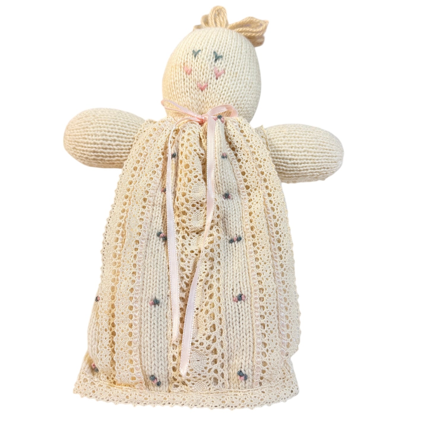 Exquisite Hand Knit Baby Doll in a Dainty Dress with Crocheted Lace, Ribbon & Embroidered Flowers