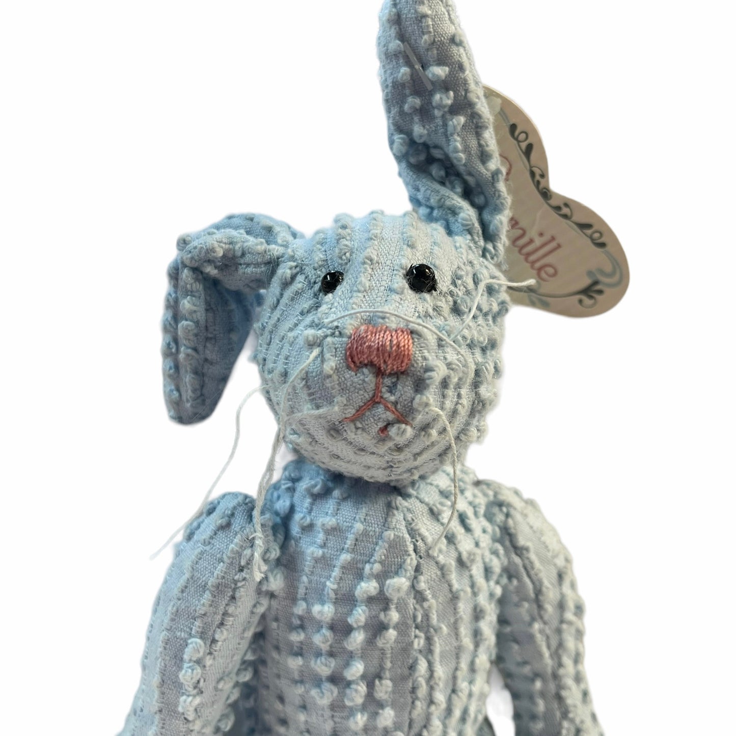 Chenille Sensory 8" 100% Blue Cotton Lop Eared Bunny. Black Bead Eyes, Spiky Whiskers& Pink Nose