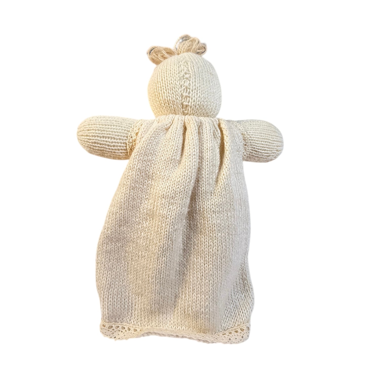 Exquisite Hand Knit Baby Doll in a Dainty Dress with Crocheted Lace, Ribbon & Embroidered Flowers