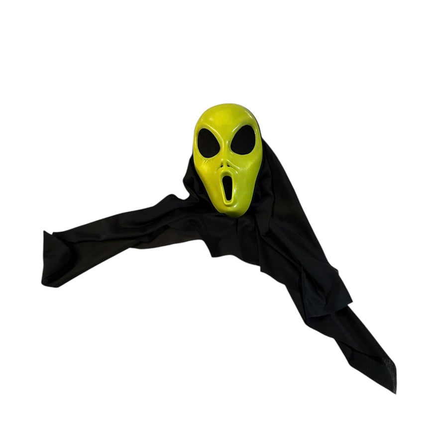 Scream Mask, Sickly Green with Mesh Eyeholes, Classic Mouth & Black Chiffon Scarf in EUC