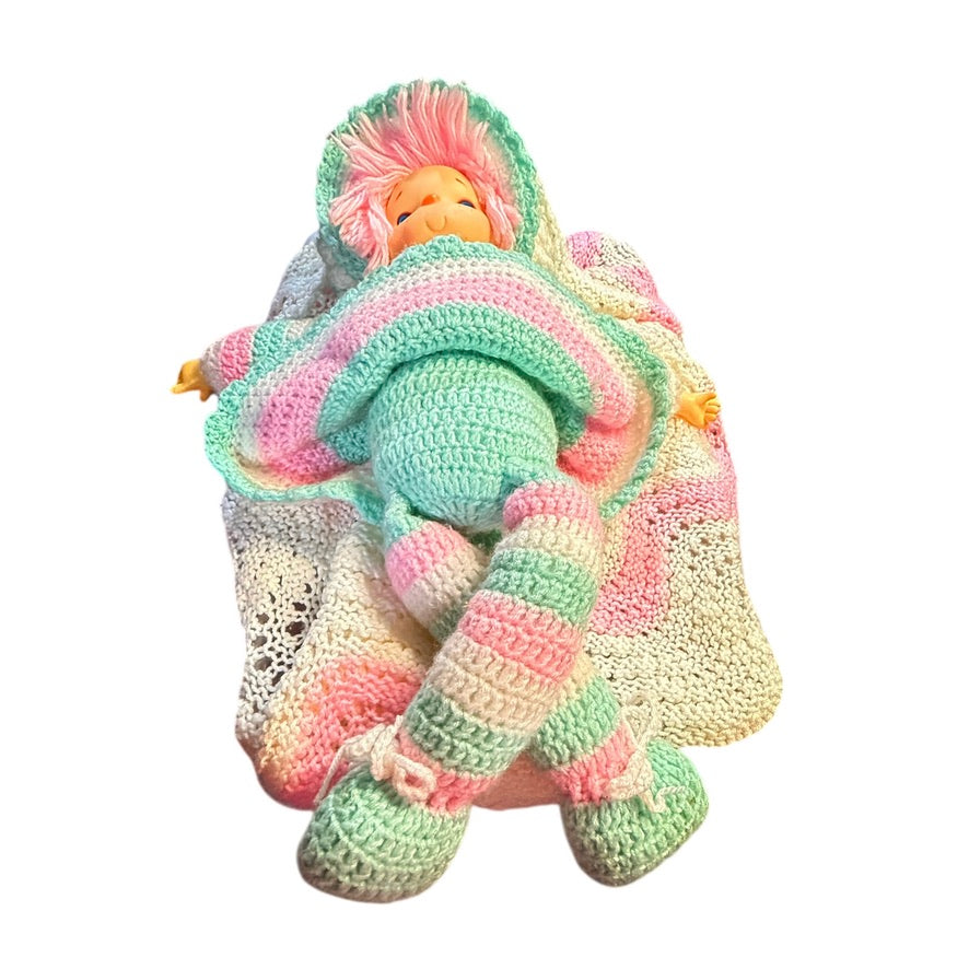 Hand Crocheted Vintage, 'Ice Cream Baby' 27" in Pastel Pink & Green, Blue Eyes, Pink Hair!