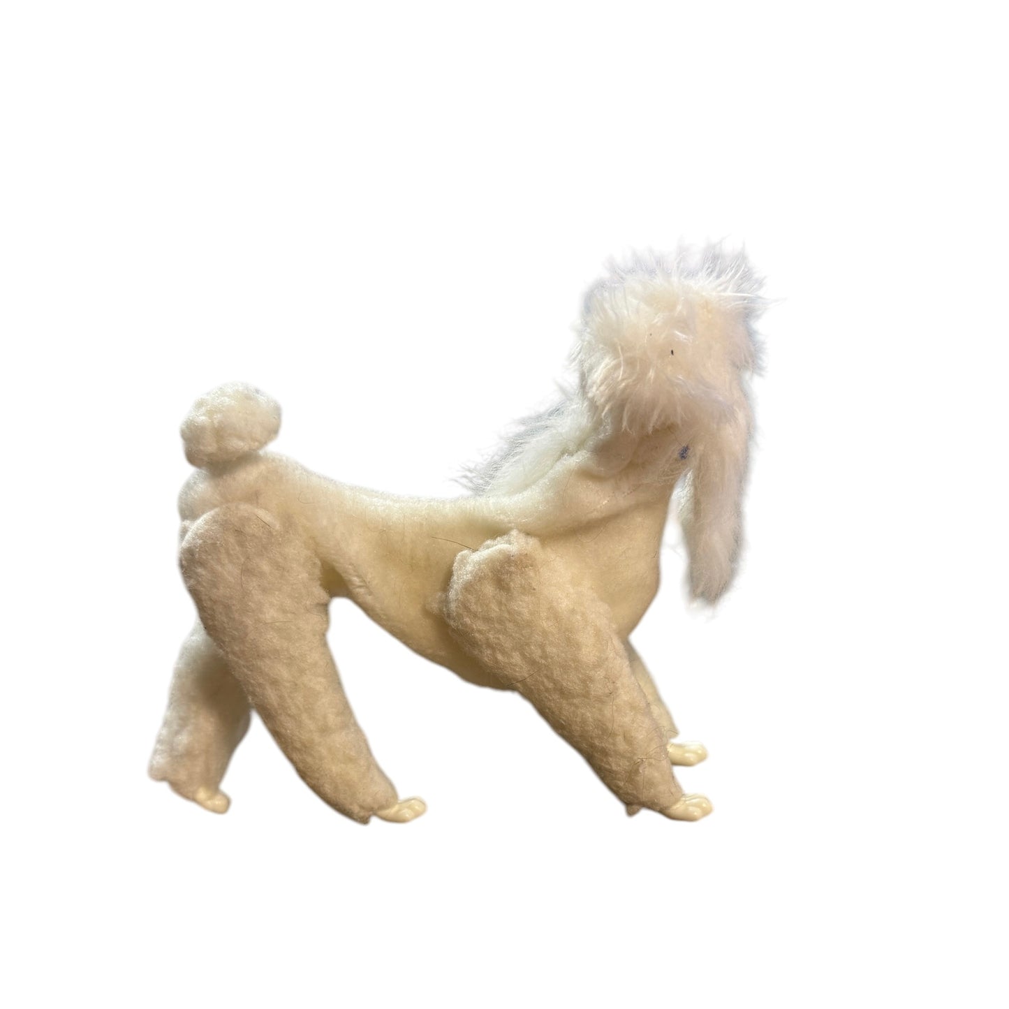 Vintage White Felted Posable Standard Poodle Toy Dog Long Legs, Plastic Feet & Sweet Rubber Face