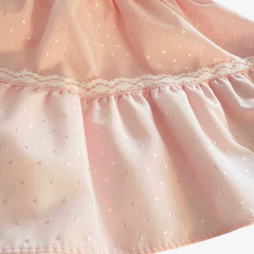 Vintage Little Princess Dainty Pink Cotton Party Dress, White Lace Collar with Satin Rosette
