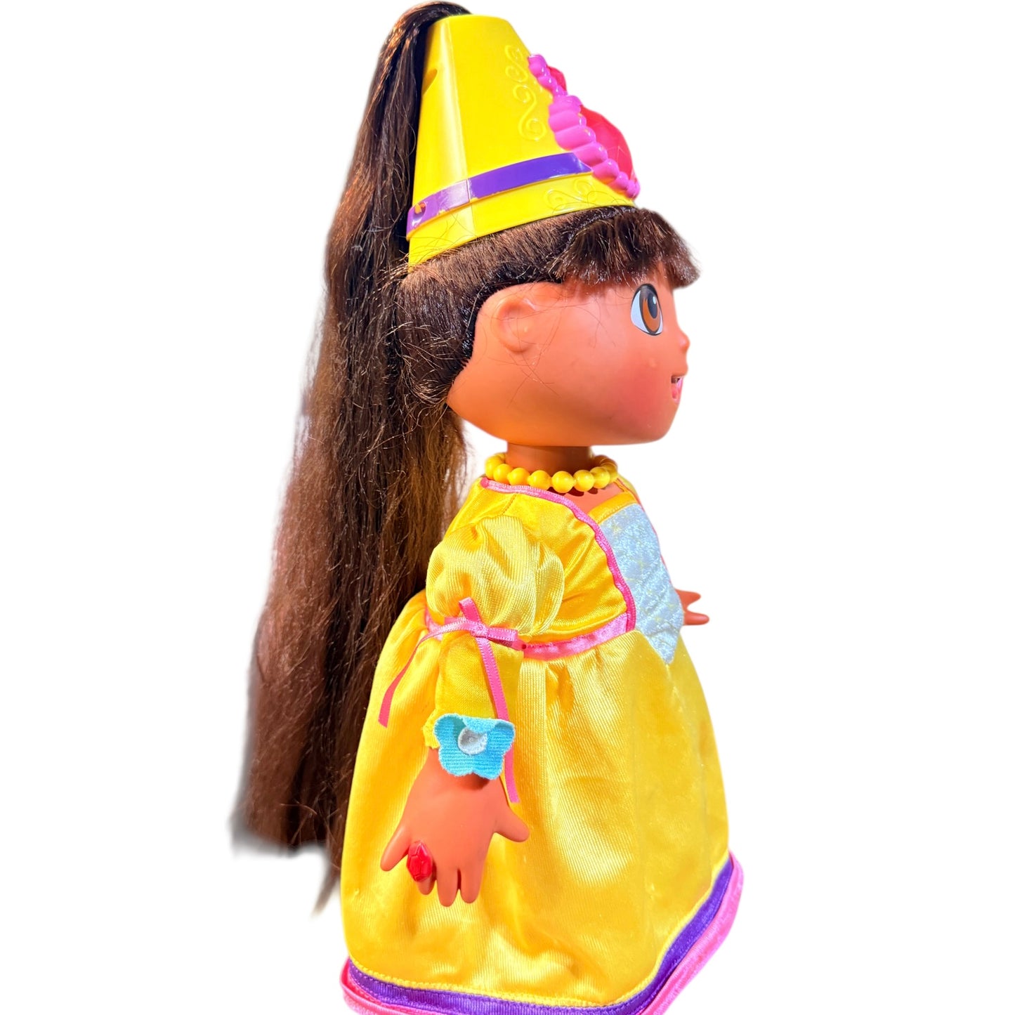 Vintage Hair Fisher-Price Magic Hair Dora Doll Yellow Princess Gown & Hat with Large Pink Jewel
