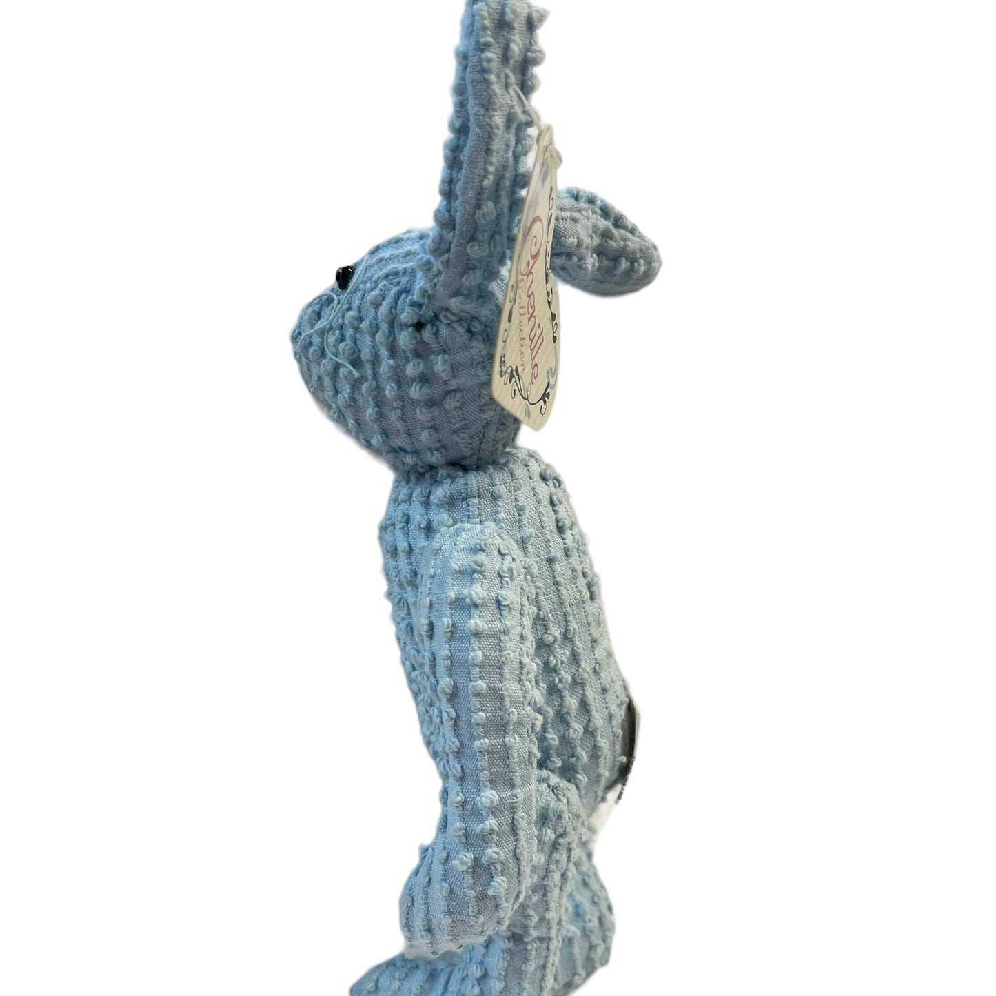 Chenille Sensory 8" 100% Blue Cotton Lop Eared Bunny. Black Bead Eyes, Spiky Whiskers& Pink Nose