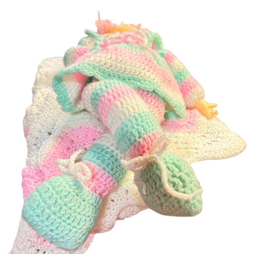 Hand Crocheted Vintage, 'Ice Cream Baby' 27" in Pastel Pink & Green, Blue Eyes, Pink Hair!
