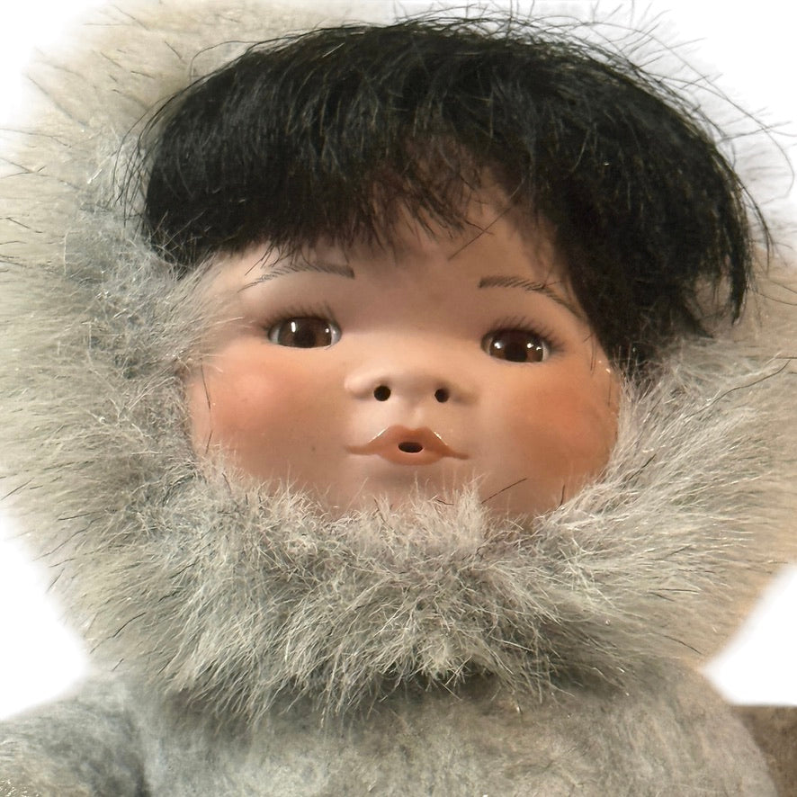 Little Snowflower, Indigenous Cloth Doll with Sweet Porcelain Painted Face, Fur& Felt Clothes