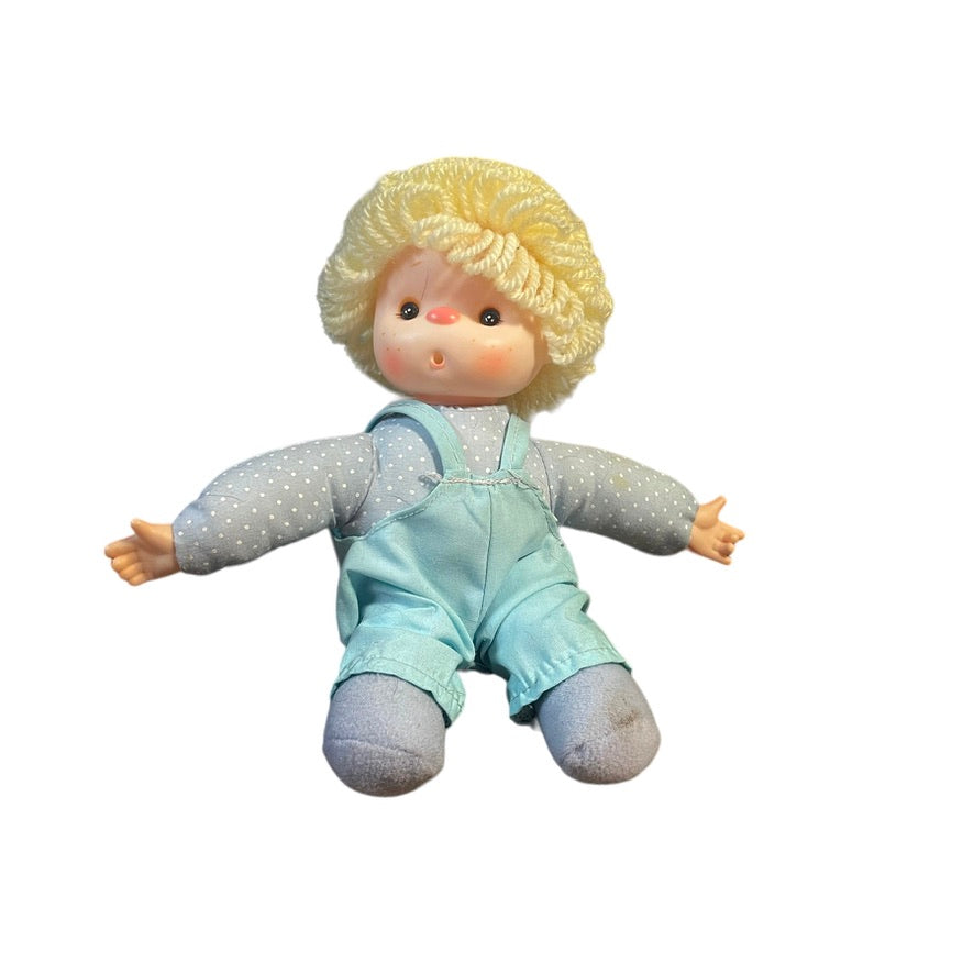Vintage Baby Club C&A 8" Doll, Sweet Vinyl Face, Cloth Body Yellow Yarn Hair Blue Romper