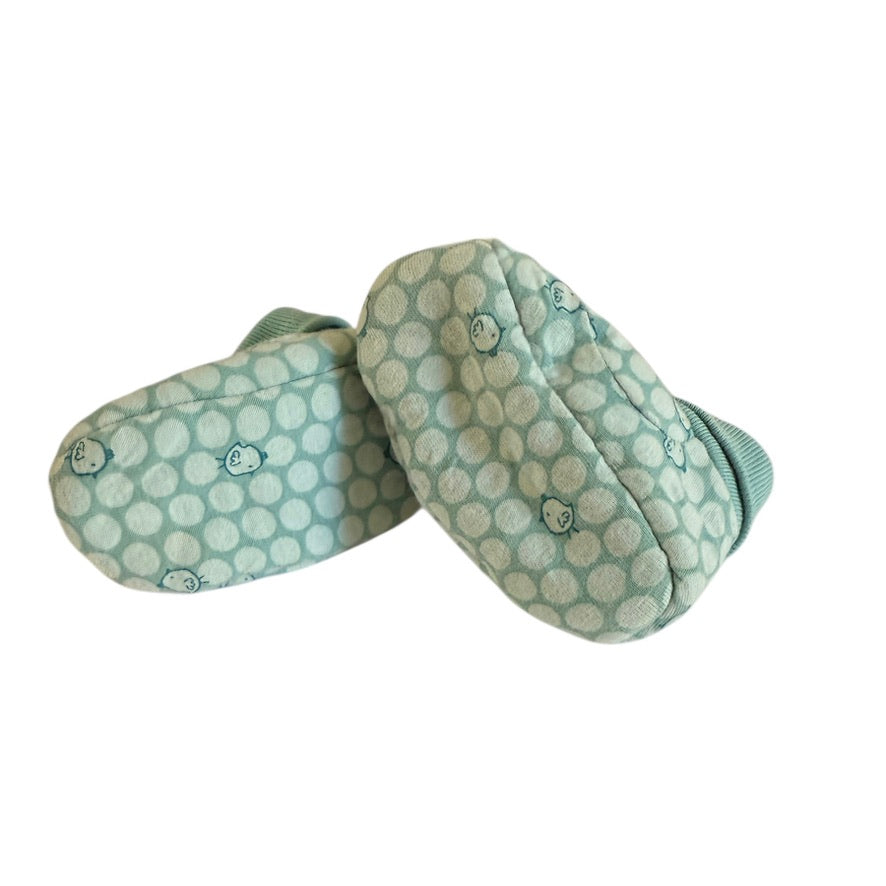 The Children's Place 0-3 m  Slipper Socks 100% Cotton, Aqua with Tiny Chicks Rolled Cuff GUC
