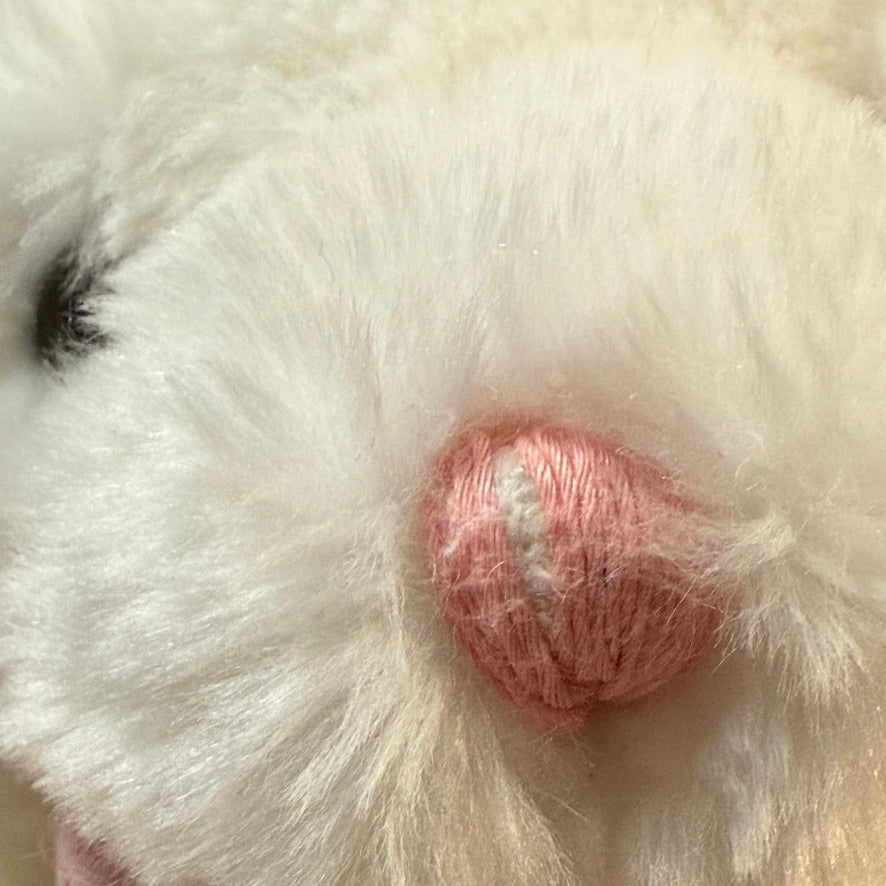 Vintage White Plush Seated Teddy Bear Rattle, Pink Seersucker Ears, Bow Tie & Feet in GVC